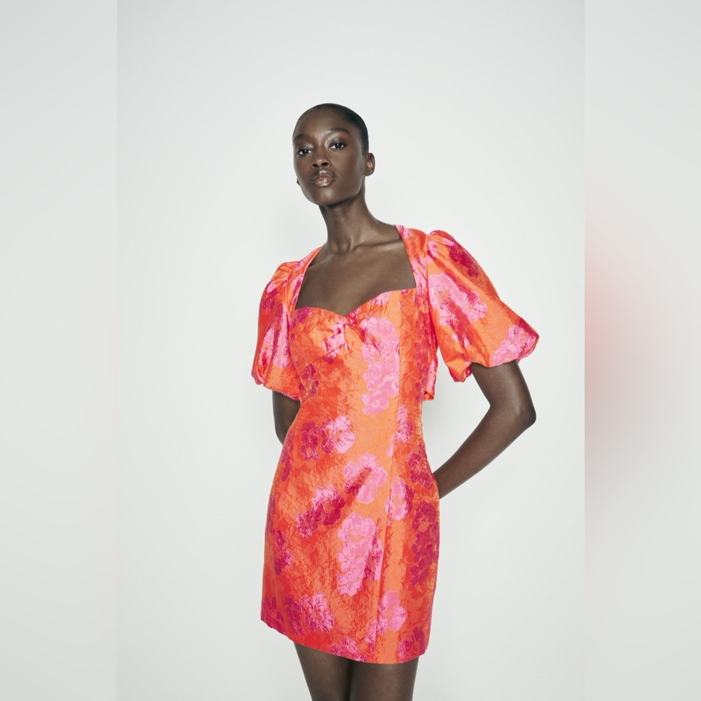 Zara dress mini puff wide sleeve cut out hot Pink Floral wedding summer vacation - Picture 12 of 12